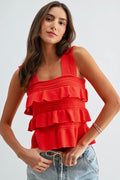 Red Ruffled Knit Sleeveless Top
